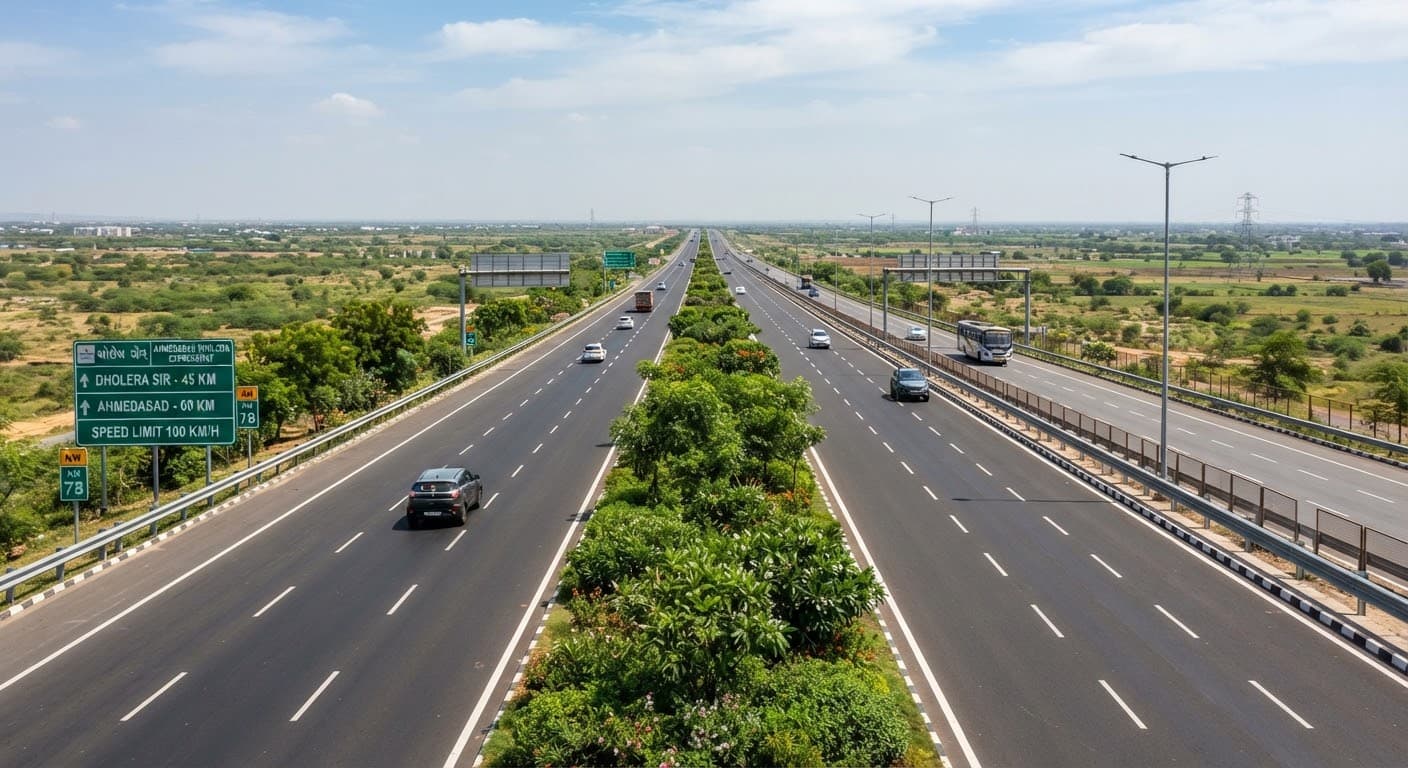 The Ahmedabad–Dholera Expressway; Shree Hari Villa is a left turn off this road